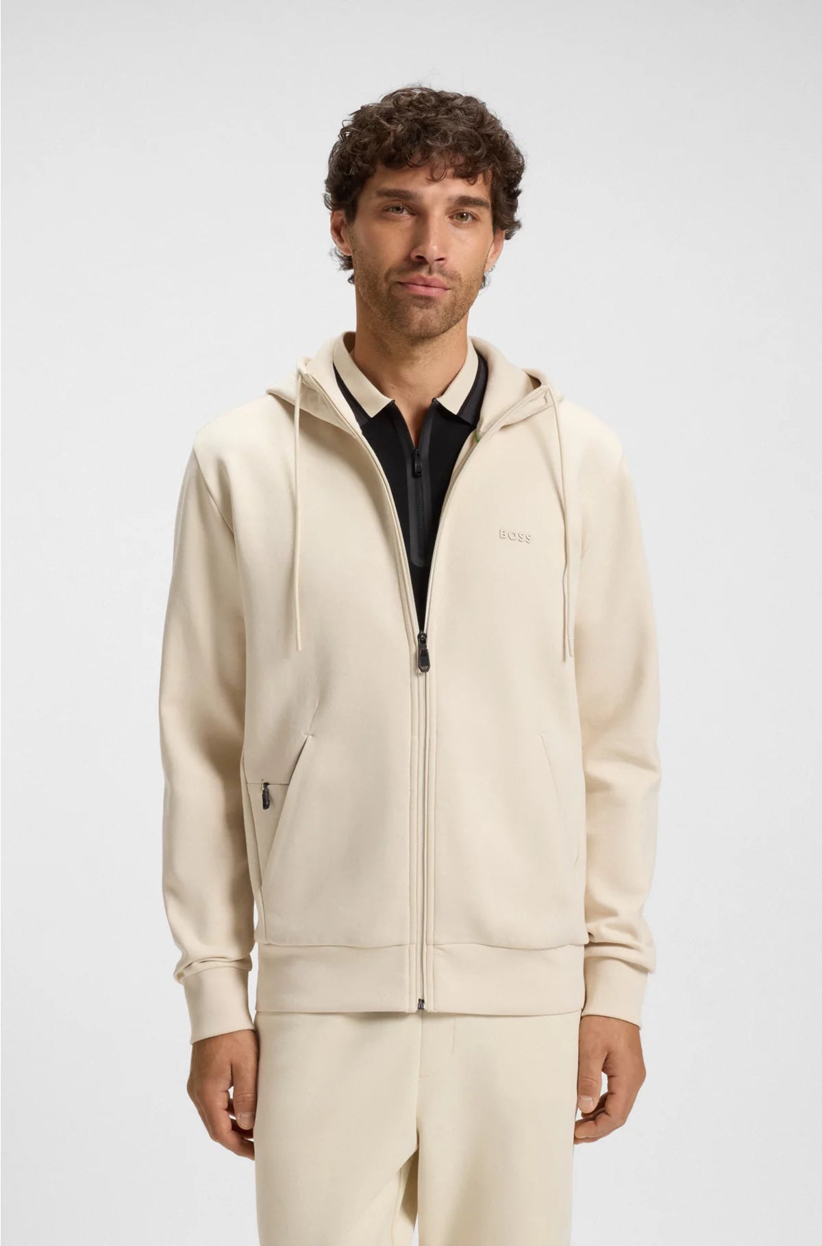 STRETCH-COTTON ZIP-UP HOODIE WITH LOGO PRINT
