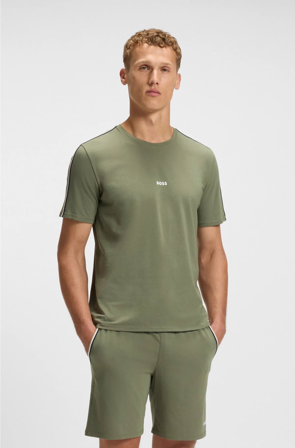 STRETCH-COTTON PYJAMA T-SHIRT WITH SIGNATURE-STRIPE TAPE