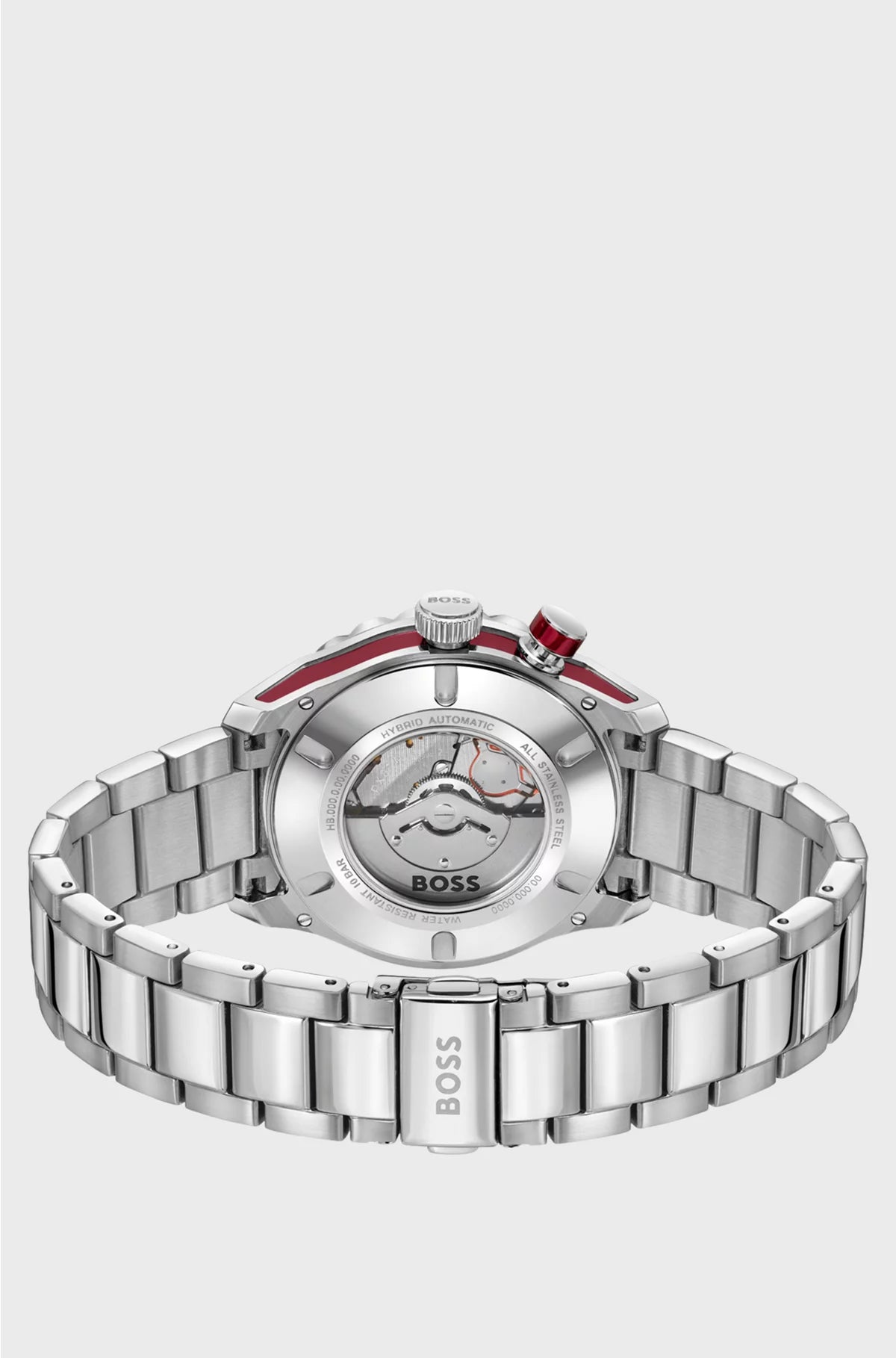 SILVER-TONE AUTOMATIC WATCH WITH RED MONOGRAM-TEXTURED DIAL