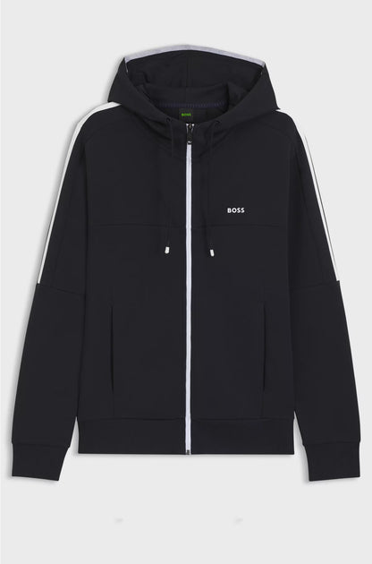 STRETCH-COTTON ZIP-UP HOODIE WITH STRIPE INSERT
