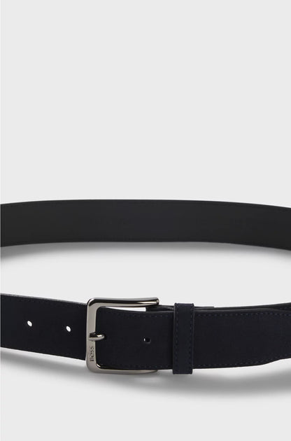 SUEDE BELT WITH LOGO-ENGRAVED GUNMETAL BUCKLE