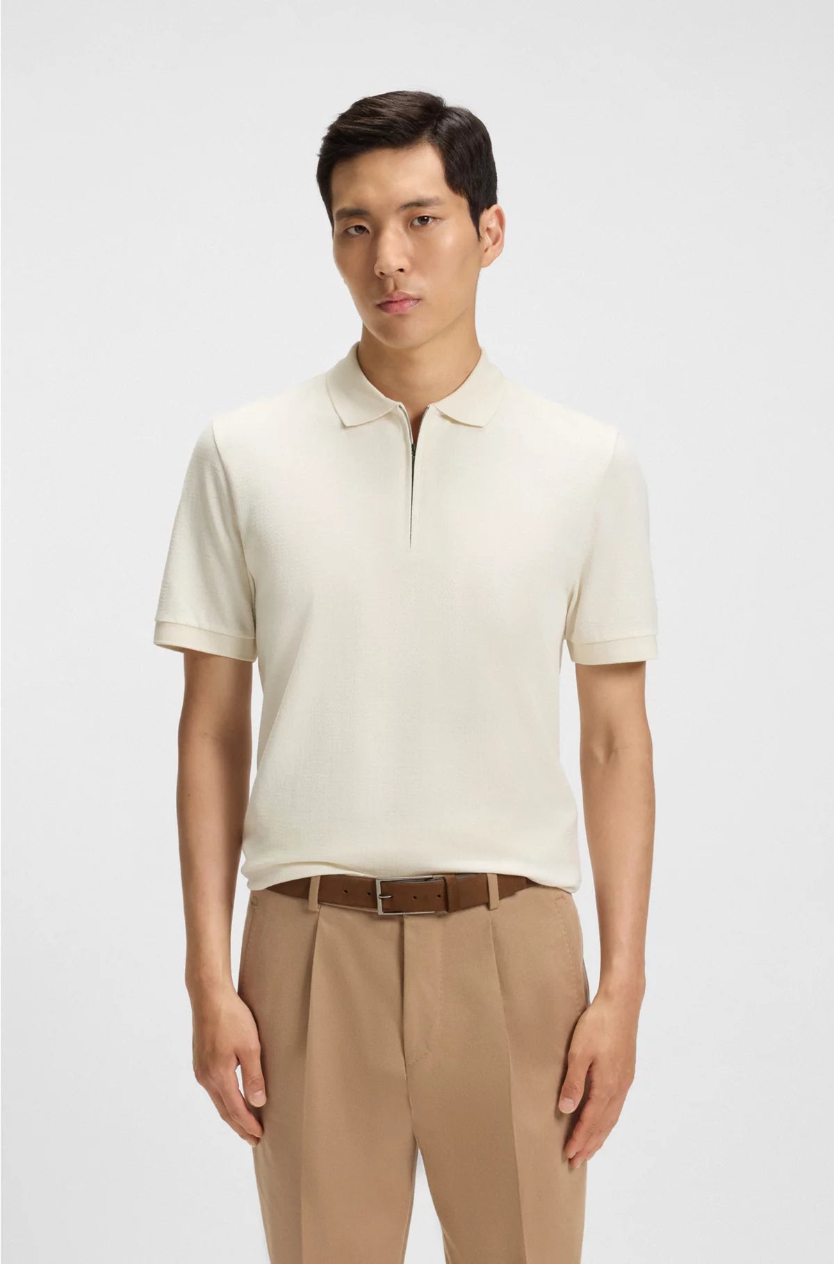 ZIP-NECK POLO SHIRT IN MERCERISED COTTON-SILK JACQUARD