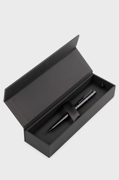 BLACK BALLPOINT PEN WITH BLUE LINES AND LOGO