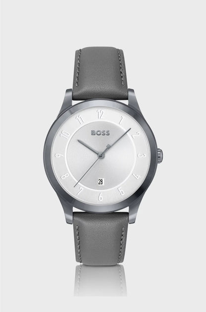 GREY-PLATED WATCH WITH LEATHER STRAP
