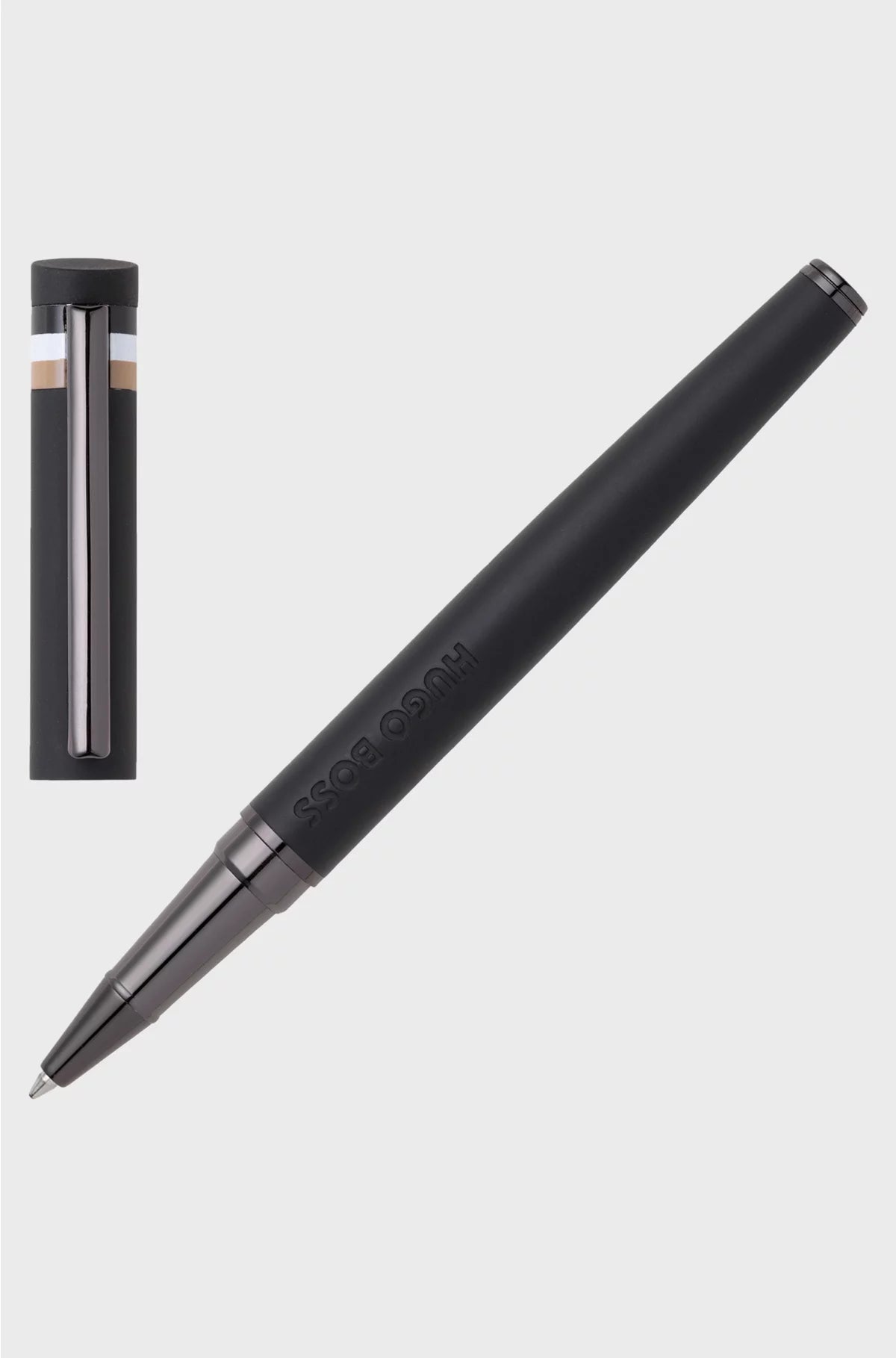 BLACK LOGO-DETAIL ROLLERBALL PEN WITH SIGNATURE-STRIPE CAP