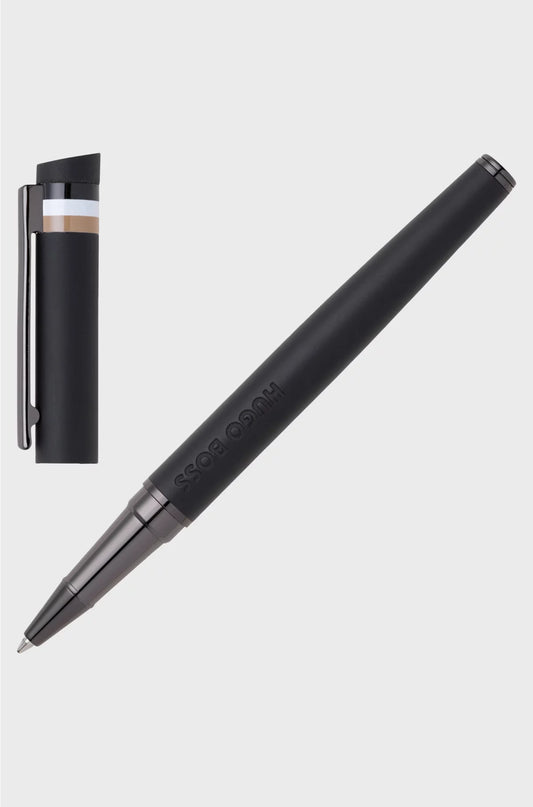 BLACK LOGO-DETAIL ROLLERBALL PEN WITH SIGNATURE-STRIPE CAP