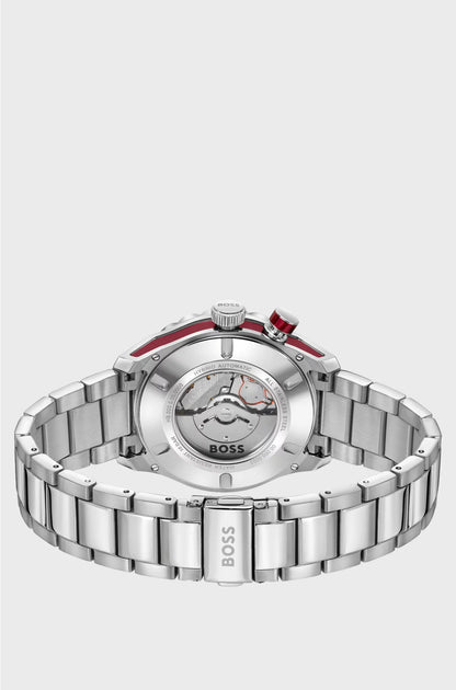 SILVER-TONE AUTOMATIC WATCH WITH RED MONOGRAM-TEXTURED DIAL