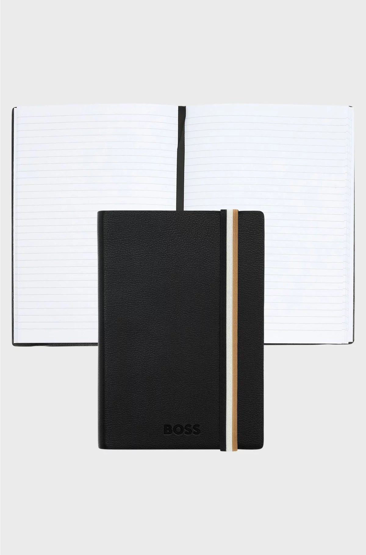 A6 BLACK FAUX-LEATHER NOTEBOOK WITH SIGNATURE-STRIPE STRAP