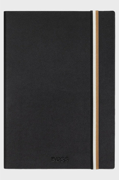 A5 BLACK FAUX-LEATHER NOTEBOOK WITH SIGNATURE-STRIPE STRAP