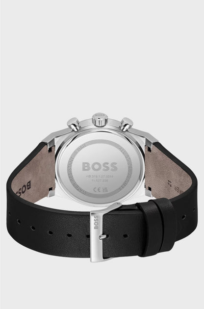 SILVER-TONE CHRONOGRAPH WATCH WITH BLACK LEATHER STRAP