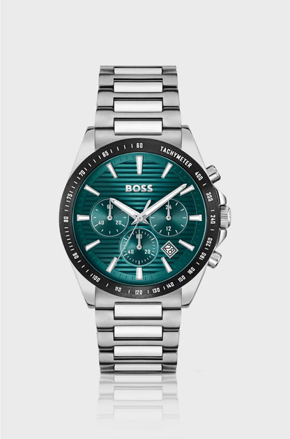 LINK-BRACELET CHRONOGRAPH WATCH WITH GREEN GROOVED DIAL
